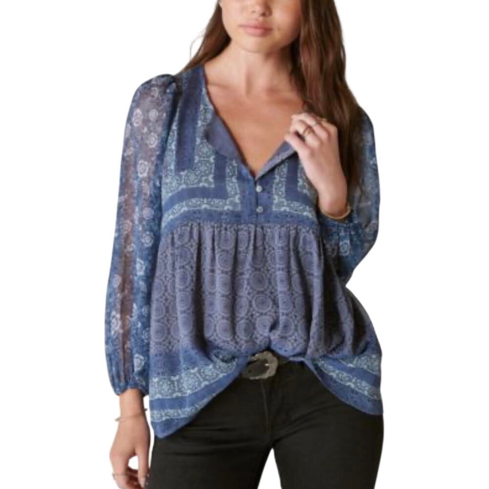 Lucky Brand Blue Paisley Peasant Blouse